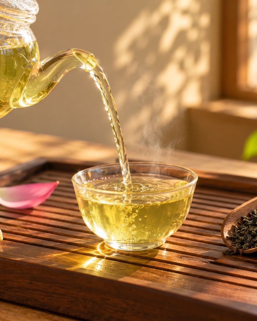 Rót trà Tàng Diệp ra chén thủy tinh trong nắng sớm