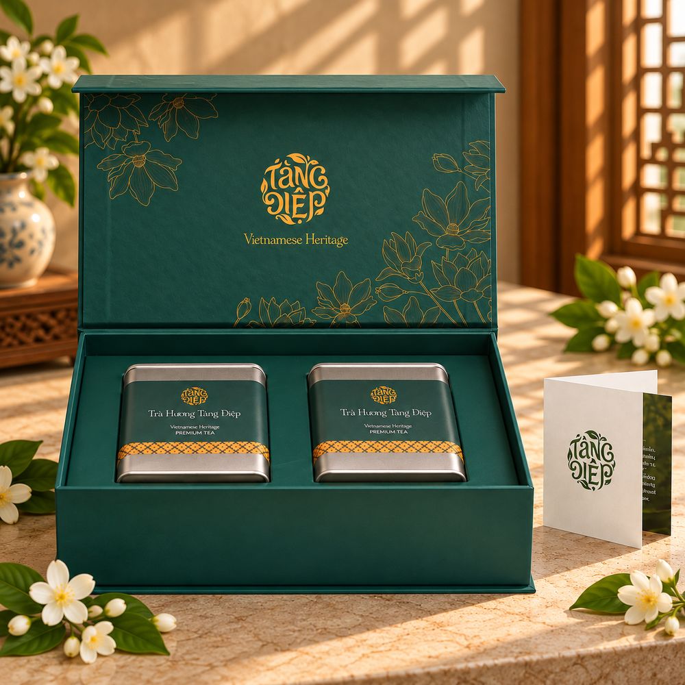 Hộp quà di sản Tàng Diệp với hai hộp thiếc và thẻ câu chuyện