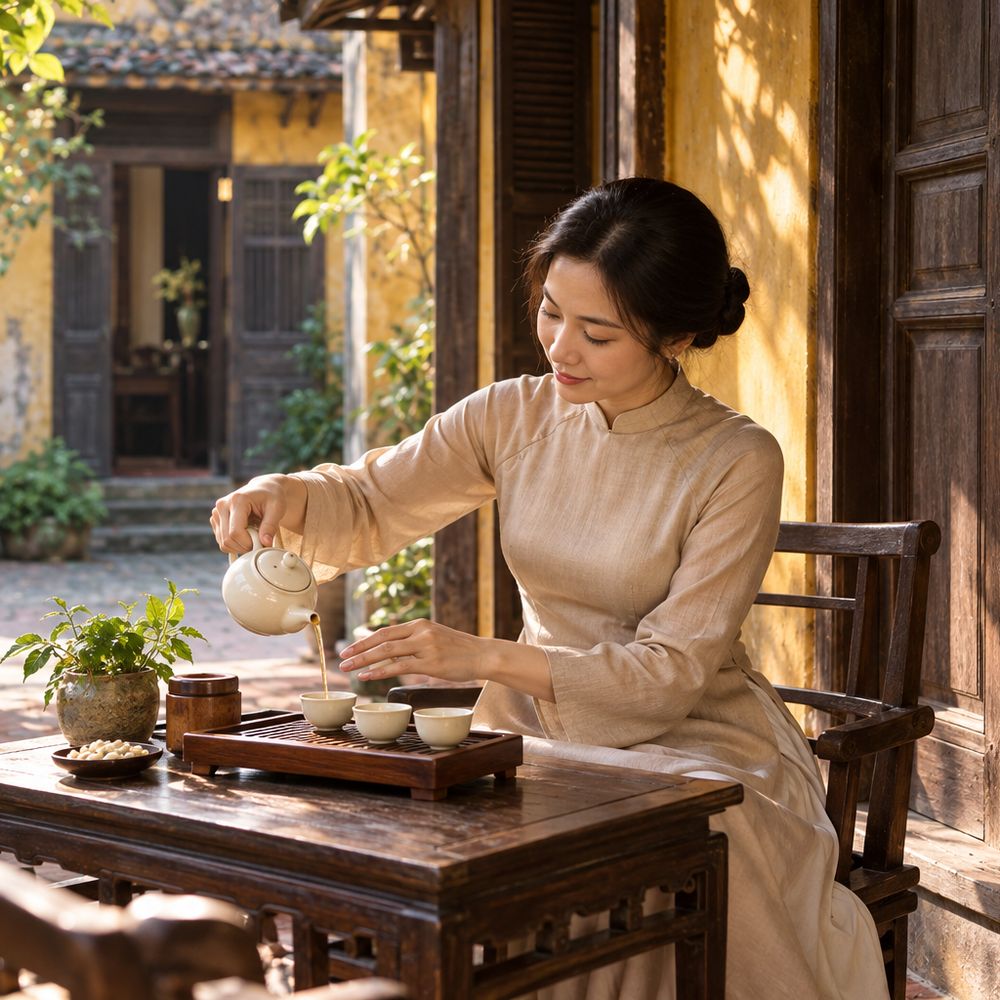 Thiếu nữ áo dài pha trà Tàng Diệp trong sân nhà cổ Hà Nội