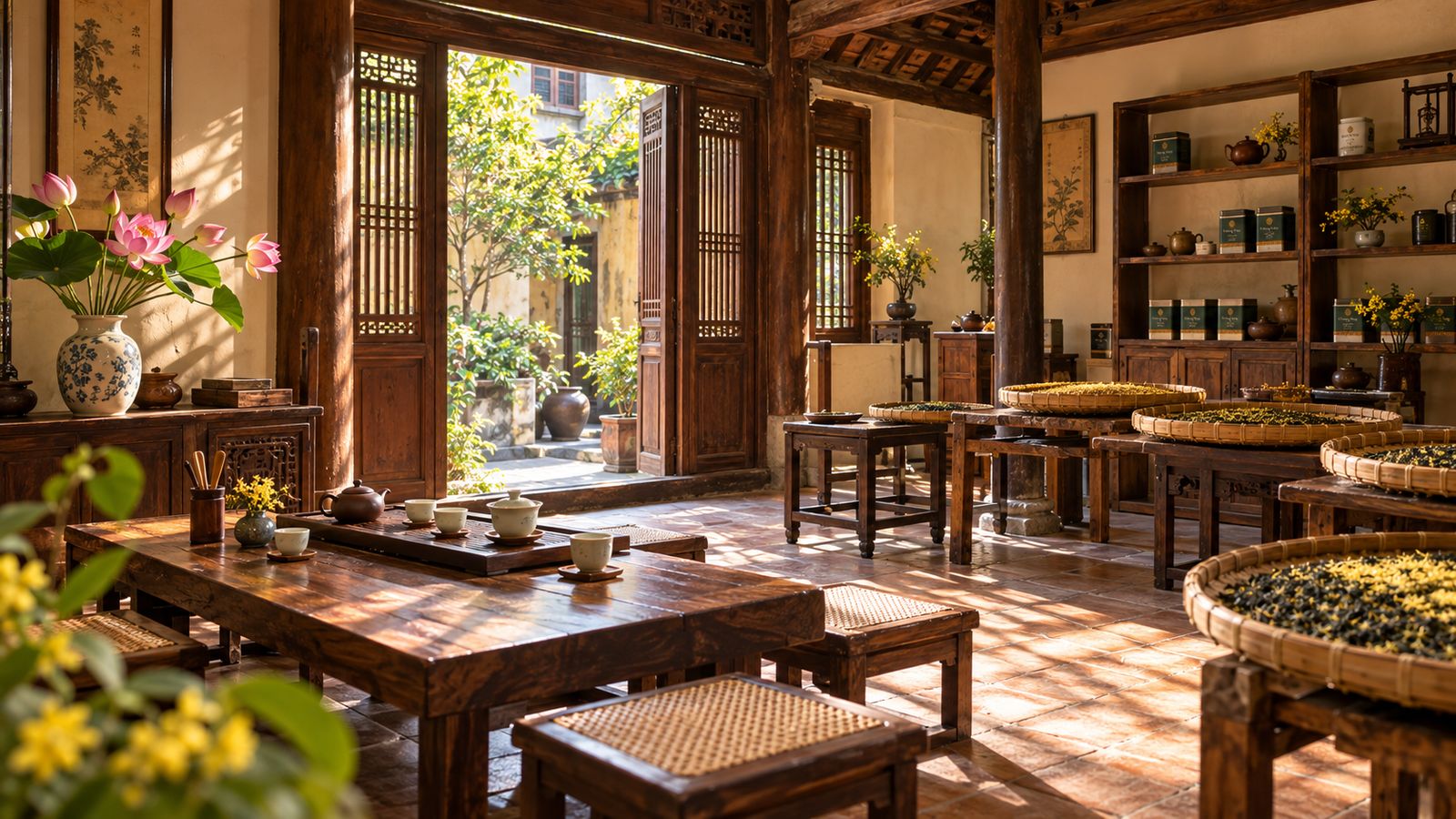 Không gian trà thất Tàng Diệp với nong trà và bàn thưởng trà gỗ